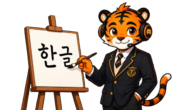TigerBot ensinando idiomas ao lado de um quadro.